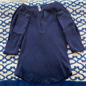 Free People Navy V Neck Long Sleeve T Shirt